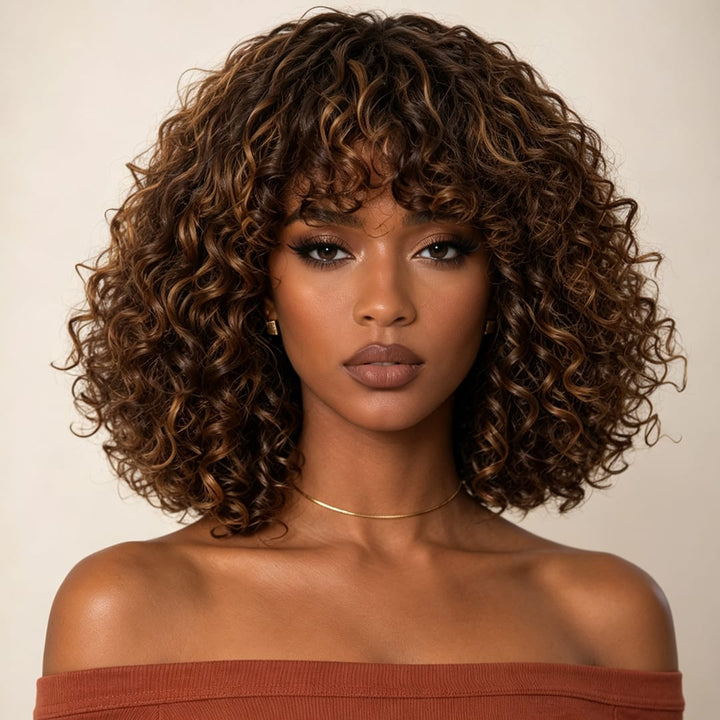ailuxyhair-fr AILUXY Brun Balayage Miel Bouclé Courte Perruque Avec Frange 100% Cheveux Humains