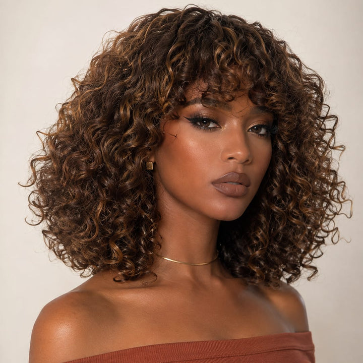 ailuxyhair-fr AILUXY Brun Balayage Miel Bouclé Courte Perruque Avec Frange 100% Cheveux Humains