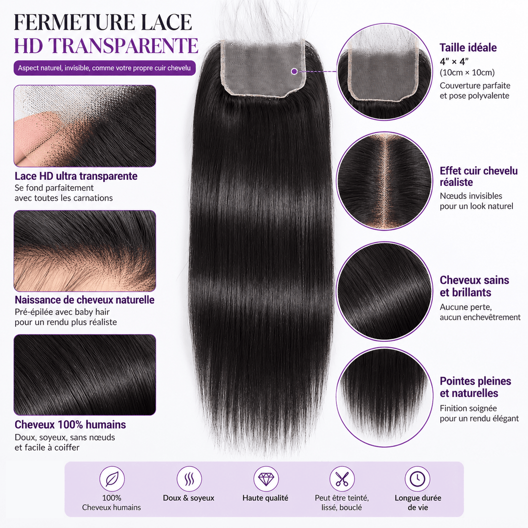 ailuxyhair-fr AILUXY Cheveux  4x4/5x5 HD Lace Closure Lisse Dentelle Invisible 100% Cheveux Humains