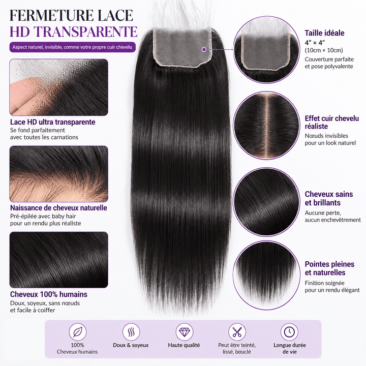 ailuxyhair-fr AILUXY Cheveux  4x4/5x5 HD Lace Closure Lisse Dentelle Invisible 100% Cheveux Humains