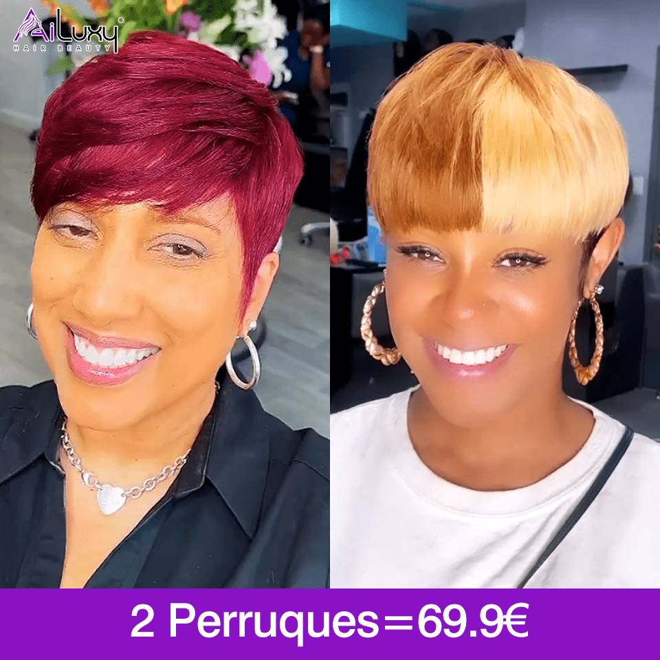 ailuxyhair-fr AILUXY Lisse Courte bicolore brun-doré et cerise Perruque 100% Cheveux Humains comme sur la vidéo 3 - 4 jours reçus+Un beau cadeau
