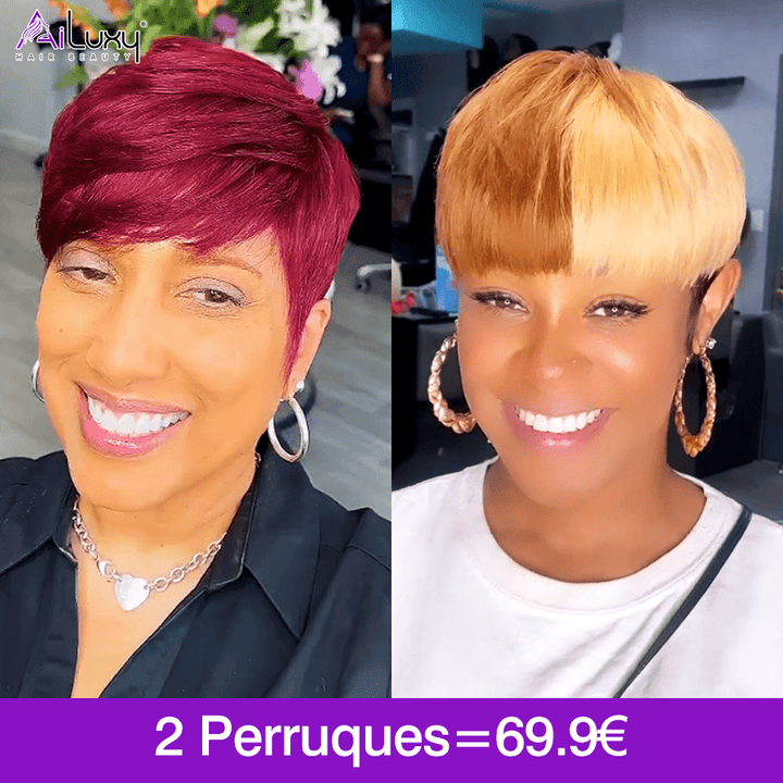 ailuxyhair-fr AILUXY Lisse Courte bicolore brun-doré et cerise Perruque 100% Cheveux Humains comme sur la vidéo 3 - 4 jours reçus+Un beau cadeau