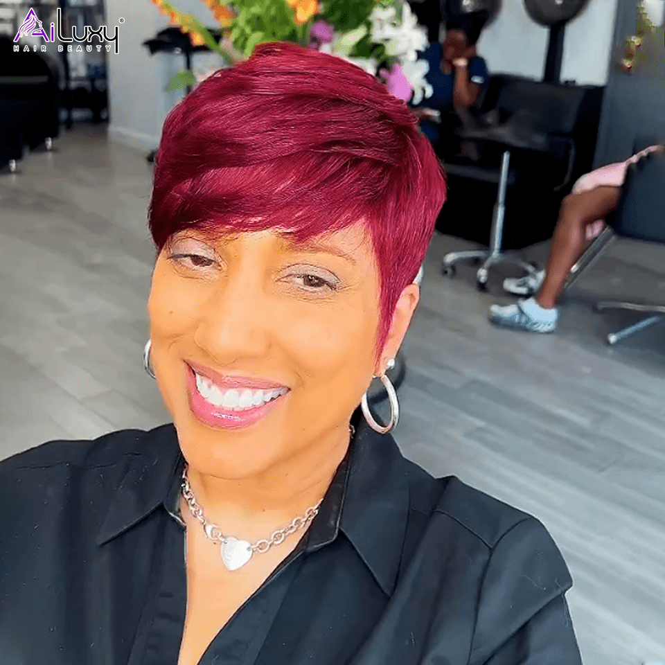 ailuxyhair-fr AILUXY Lisse Courte bicolore brun-doré et cerise Perruque 100% Cheveux Humains comme sur la vidéo 3 - 4 jours reçus+Un beau cadeau