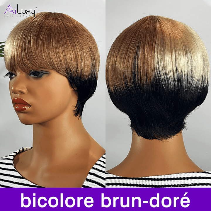 ailuxyhair-fr AILUXY Lisse Courte couleur chocolat Perruque 100% Cheveux Humains comme sur la vidéo 2 - 3 jours reçus+Un beau cadeau