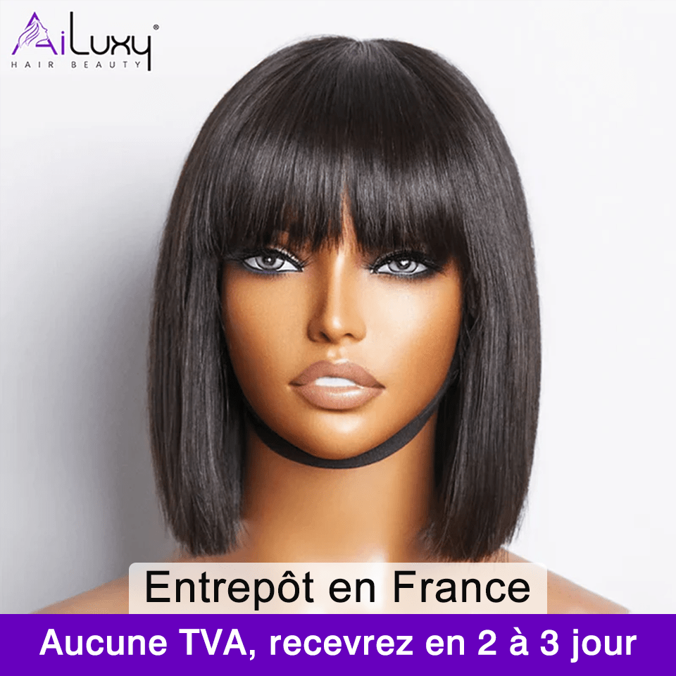 ailuxyhair-fr AILUXY Lisse Noir Bob Perruque Avec Frange 100% Cheveux Humains