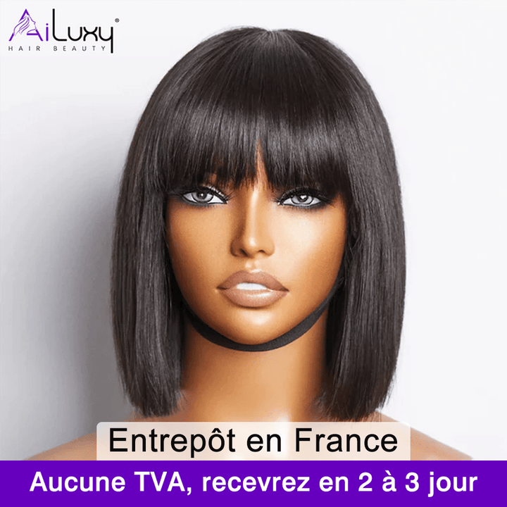 ailuxyhair-fr AILUXY Lisse Noir Bob Perruque Avec Frange 100% Cheveux Humains