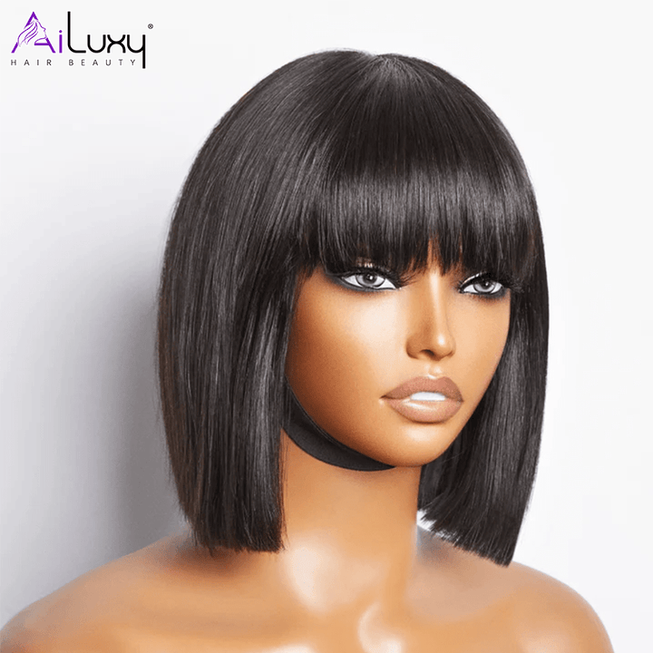ailuxyhair-fr AILUXY Lisse Noir Bob Perruque Avec Frange 100% Cheveux Humains