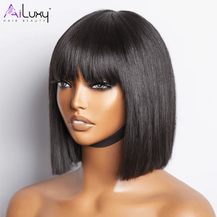 ailuxyhair-fr AILUXY Lisse Noir Bob Perruque Avec Frange 100% Cheveux Humains