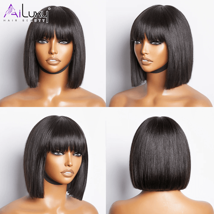 ailuxyhair-fr AILUXY Lisse Noir Bob Perruque Avec Frange 100% Cheveux Humains