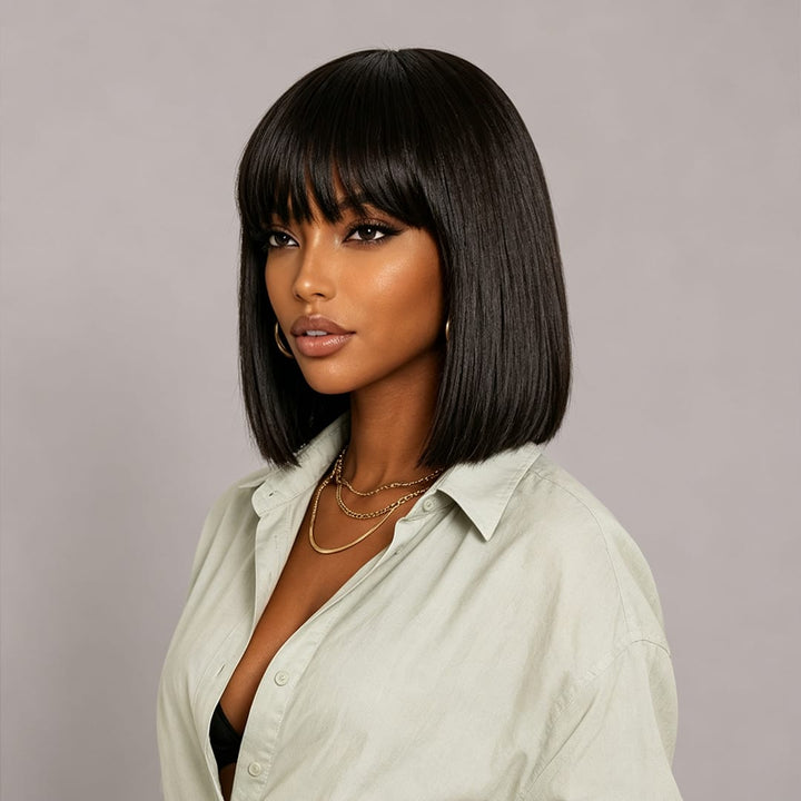 ailuxyhair-fr AILUXY Lisse Noir Bob Perruque Avec Frange 100% Cheveux Humains