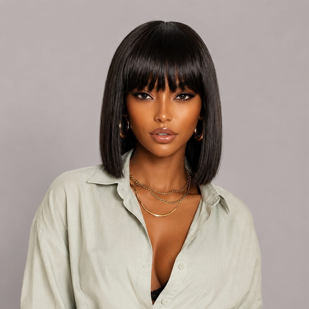 ailuxyhair-fr AILUXY Lisse Noir Bob Perruque Avec Frange 100% Cheveux Humains