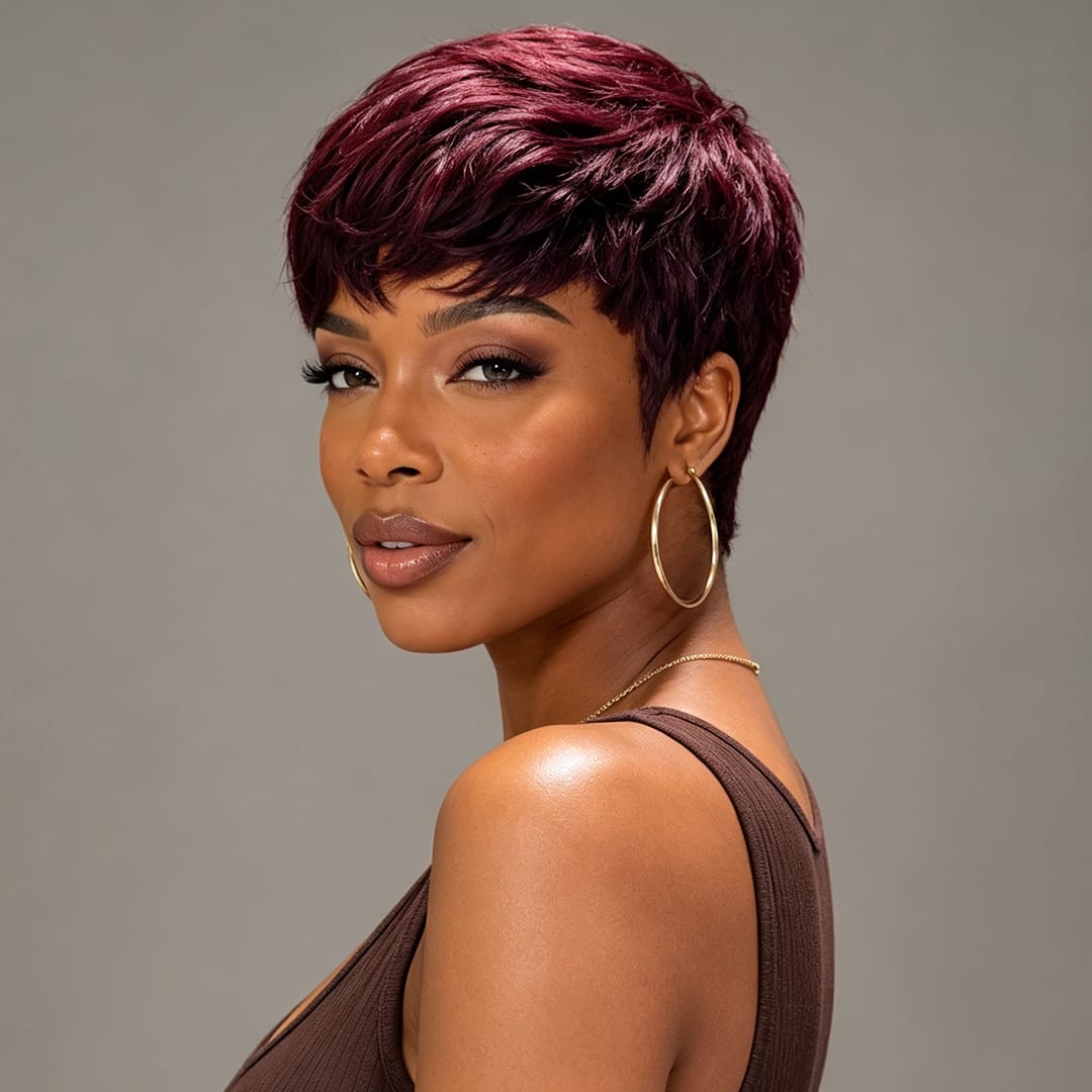 ailuxyhair-fr AILUXY Lisse Raisin Violet Courte Pixie Cut Perruque Fabriquée à la machine 100% Cheveux Humains