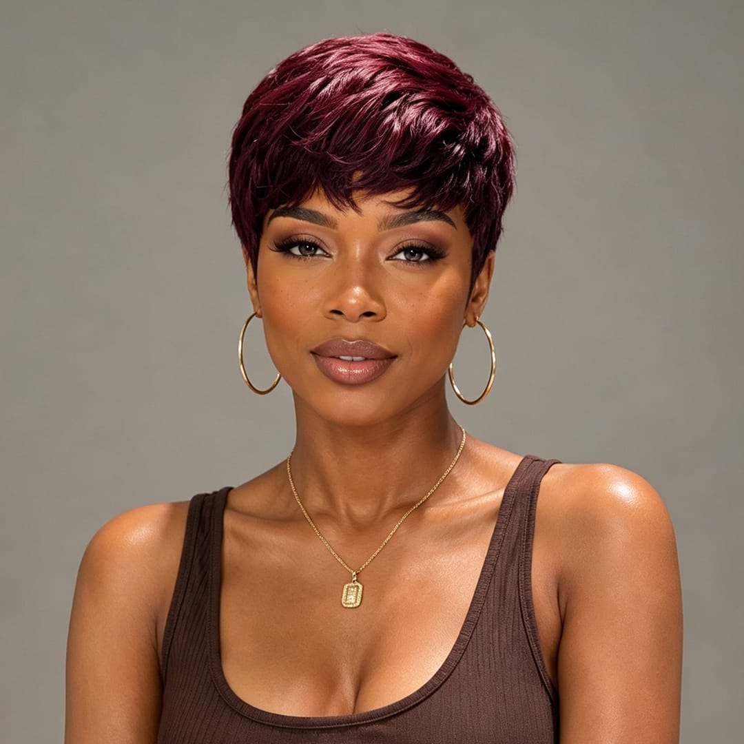 ailuxyhair-fr AILUXY Lisse Raisin Violet Courte Pixie Cut Perruque Fabriquée à la machine 100% Cheveux Humains