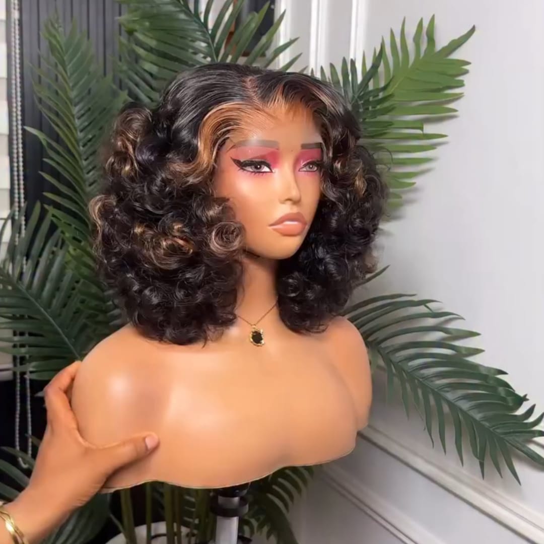 ailuxyhair-fr AILUXY  Perruque à la Mode Vagues Lâches Ombré Châtain Doré, Cheveux Humains Remy, Ombré Mèches Dorées, Cheveux Humains Brésiliens, Dentelle Frontale 13×4 , Look Stylé Quotidien & Soirée