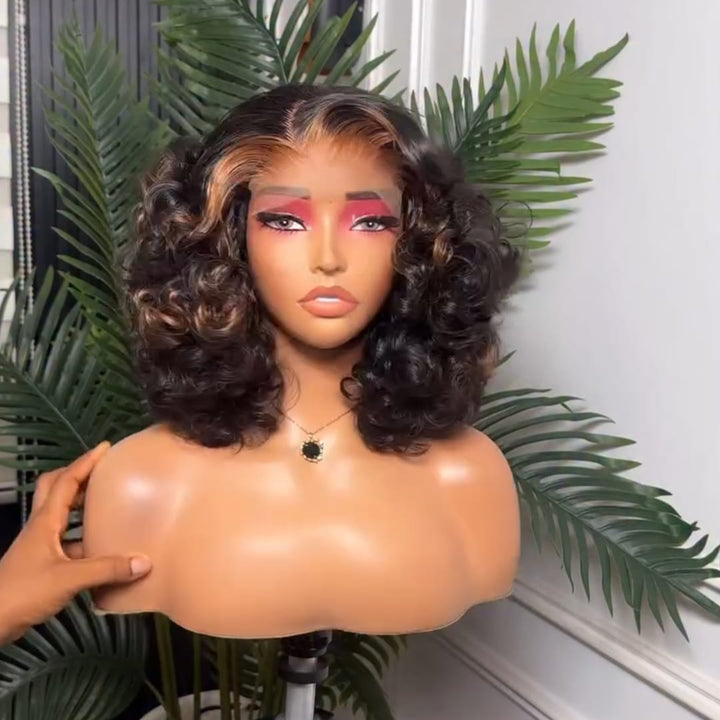 ailuxyhair-fr AILUXY  Perruque à la Mode Vagues Lâches Ombré Châtain Doré, Cheveux Humains Remy, Ombré Mèches Dorées, Cheveux Humains Brésiliens, Dentelle Frontale 13×4 , Look Stylé Quotidien & Soirée