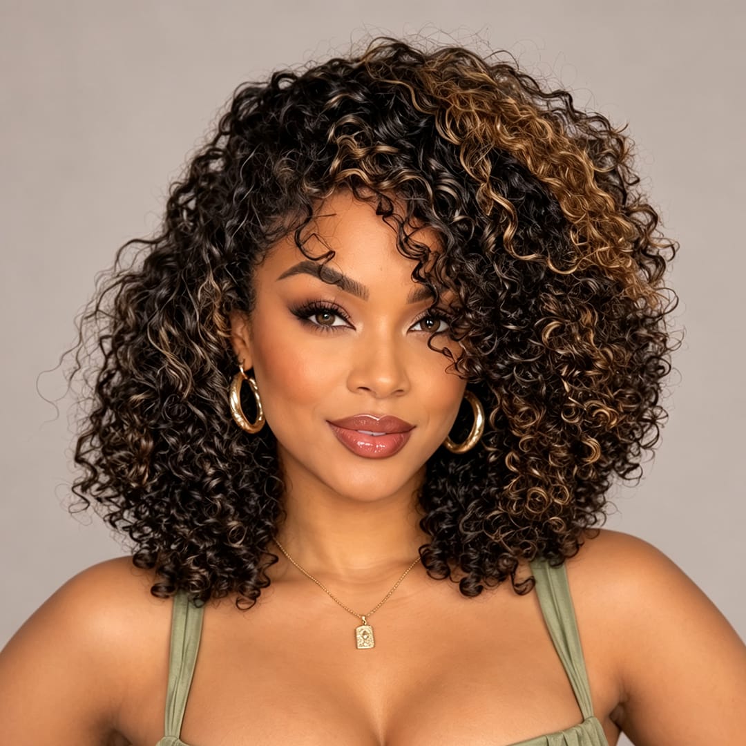 ailuxyhair-fr AILUXY Perruque Afro Bouclée Mi‑Longue Balayage Caramel, Volume Naturel Boucles Serrées