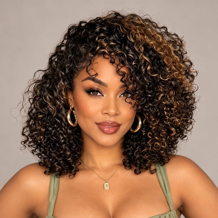 ailuxyhair-fr AILUXY Perruque Afro Bouclée Mi‑Longue Balayage Caramel, Volume Naturel Boucles Serrées