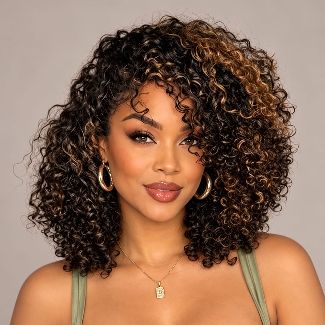 ailuxyhair-fr AILUXY Perruque Afro Bouclée Mi‑Longue Balayage Caramel, Volume Naturel Boucles Serrées