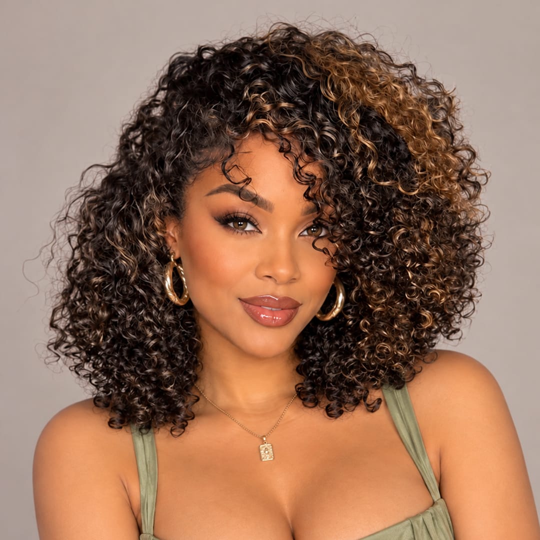 ailuxyhair-fr AILUXY Perruque Afro Bouclée Mi‑Longue Balayage Caramel, Volume Naturel Boucles Serrées