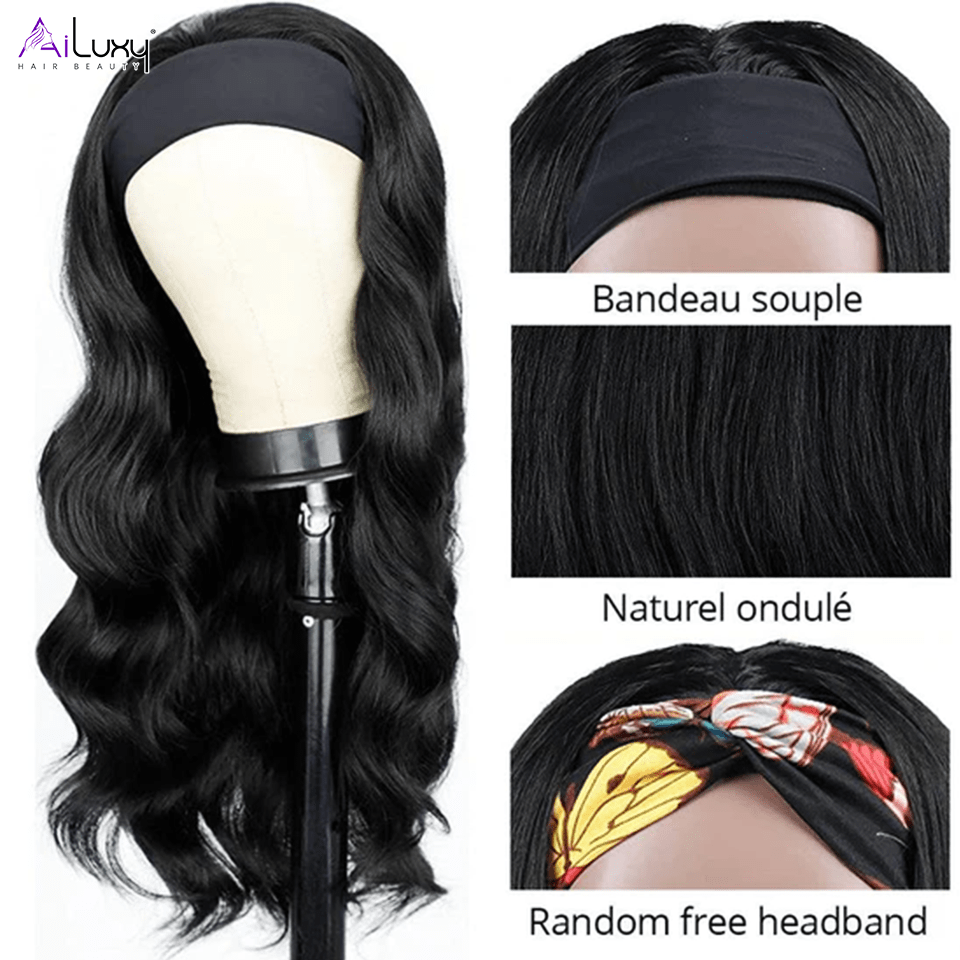 ailuxyhair-fr AILUXY Perruque Bandeau Body Wave Longue Noir Perruque 100% Cheveux Humains Densité 200%