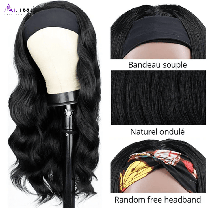 ailuxyhair-fr AILUXY Perruque Bandeau Body Wave Longue Noir Perruque 100% Cheveux Humains Densité 200%