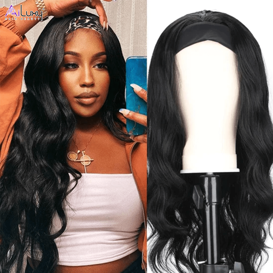 ailuxyhair-fr AILUXY Perruque Bandeau Body Wave Longue Noir Perruque 100% Cheveux Humains Densité 200%