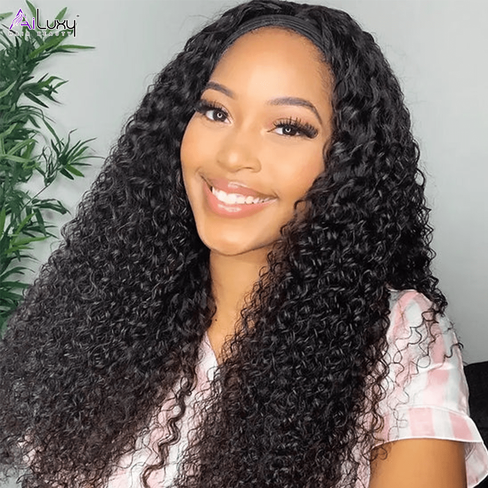 ailuxyhair-fr AILUXY Perruque Bandeau Bouclé Longue Noir Perruque 100% Cheveux Humains Densité 200%