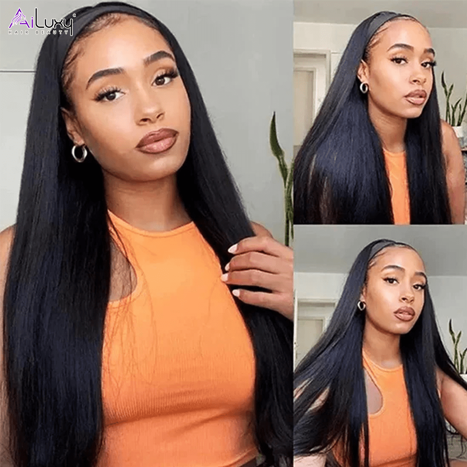 ailuxyhair-fr AILUXY Perruque Bandeau Lisse Longue Noir Perruque 100% Cheveux Humains Densité 200%