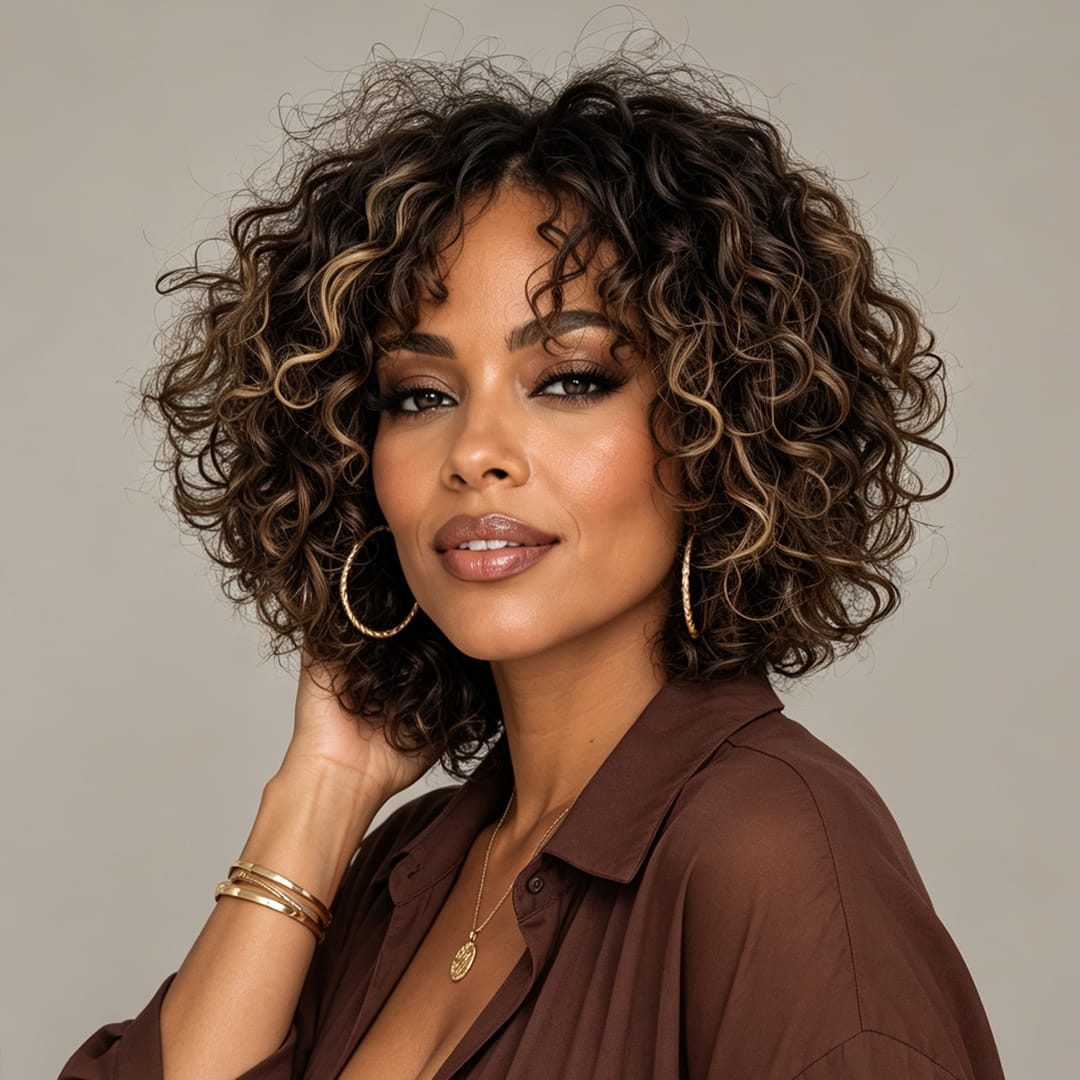 ailuxyhair-fr AILUXY Perruque Bob Court Bouclée Balayage Caramel, Boucles Volumineuses Naturelles