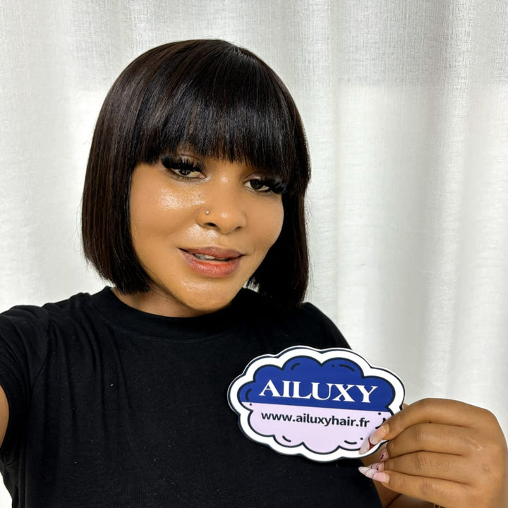 ailuxyhair-fr AILUXY Perruque Bob Courte Lisse en Cheveux Humains avec Frange, Perruque carré court Frange droite  Cheveux lisses