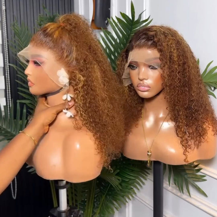 ailuxyhair-fr AILUXY  Perruque Cheveux Humains Boucles Crépues Ombré Marron Doré  En 13x4 Lace Frontal  Look à la Mode pour Quotidien & Fête