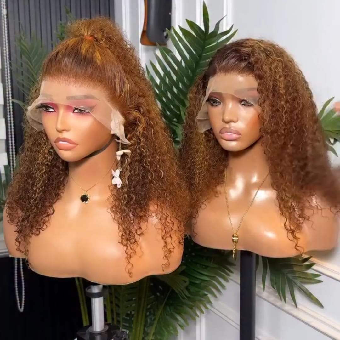 ailuxyhair-fr AILUXY  Perruque Cheveux Humains Boucles Crépues Ombré Marron Doré  En 13x4 Lace Frontal  Look à la Mode pour Quotidien & Fête