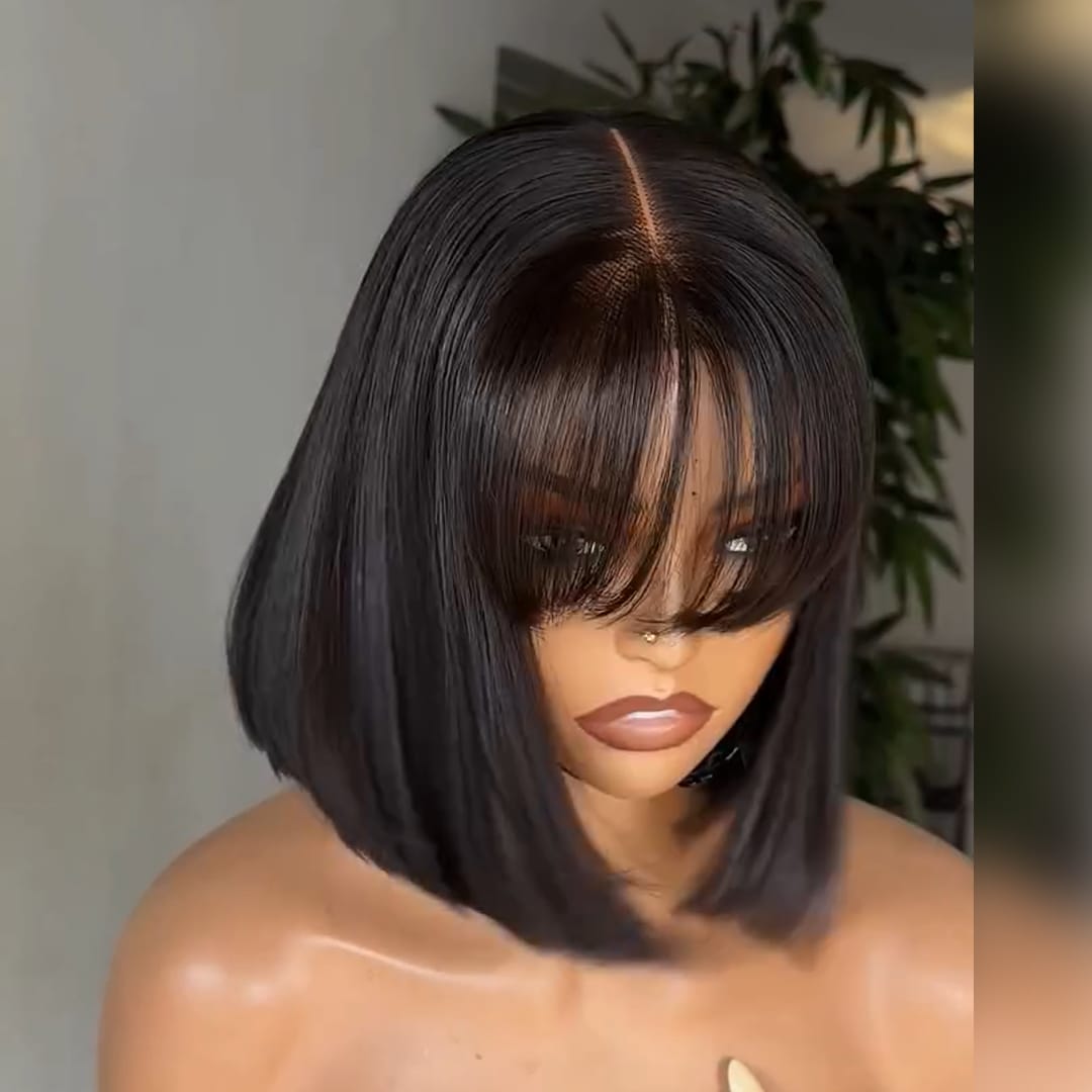 ailuxyhair-fr AILUXY Perruque Courte Bob Lisse Noir, Frange Airée, Coiffure Pré-Stylisée, Pose Instantanée