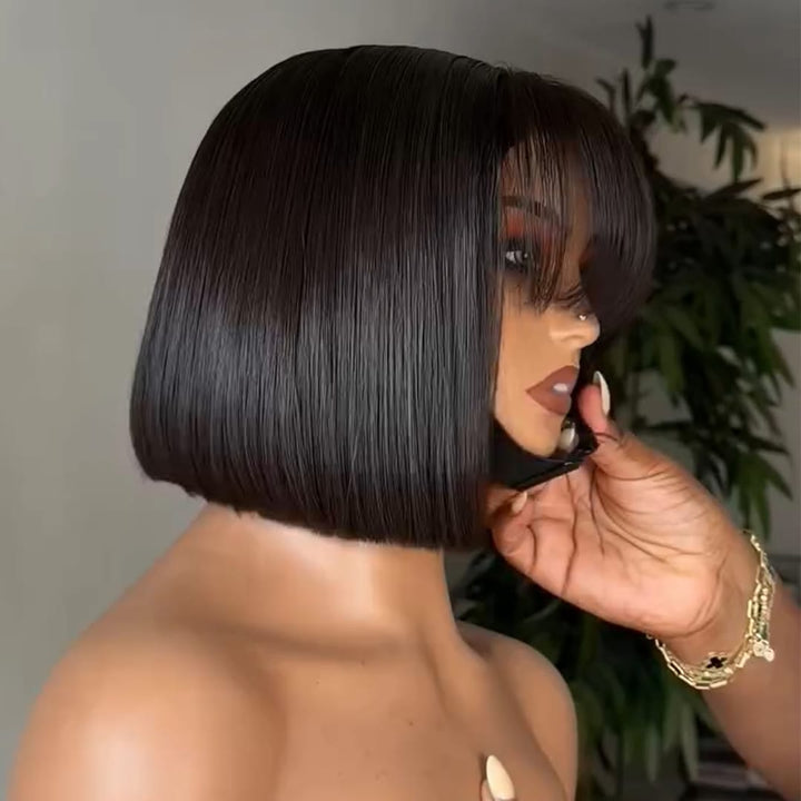ailuxyhair-fr AILUXY Perruque Courte Bob Lisse Noir, Frange Airée, Coiffure Pré-Stylisée, Pose Instantanée