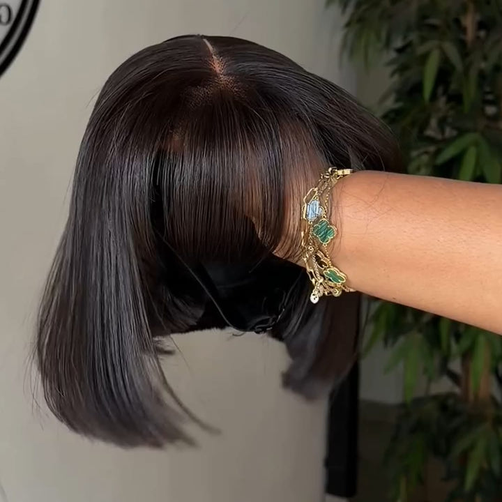 ailuxyhair-fr AILUXY Perruque Courte Bob Lisse Noir, Frange Airée, Coiffure Pré-Stylisée, Pose Instantanée