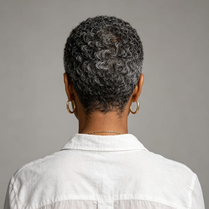 ailuxyhair-fr Ailuxy Perruque courte bouclette afro deux versions : sel et poivre gris naturel / noir uni, cheveux humains coupe pixie ultra confortable