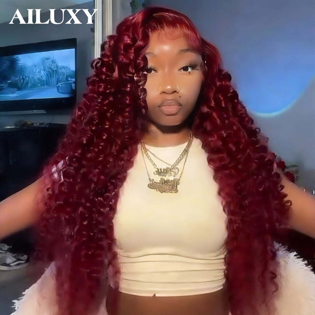 ailuxyhair-fr AILUXY Perruque Curly Lace Front 13x4 Frontal 99J Bourgogne Bouclée – Cheveux 100% Naturels pour un Look Glamour