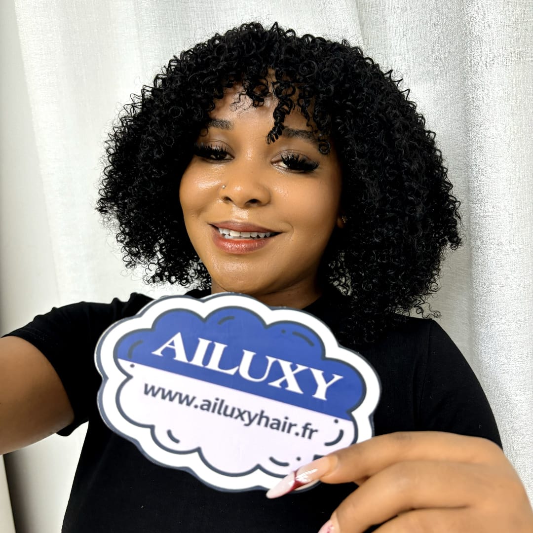 ailuxyhair-fr AILUXY Perruque entièrement fabriquée à la machine BOB bouclée avec frange droite, style polyvalent Curly