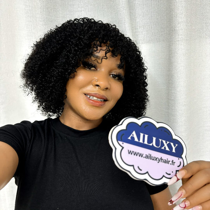 ailuxyhair-fr AILUXY Perruque entièrement fabriquée à la machine BOB bouclée avec frange droite, style polyvalent Curly