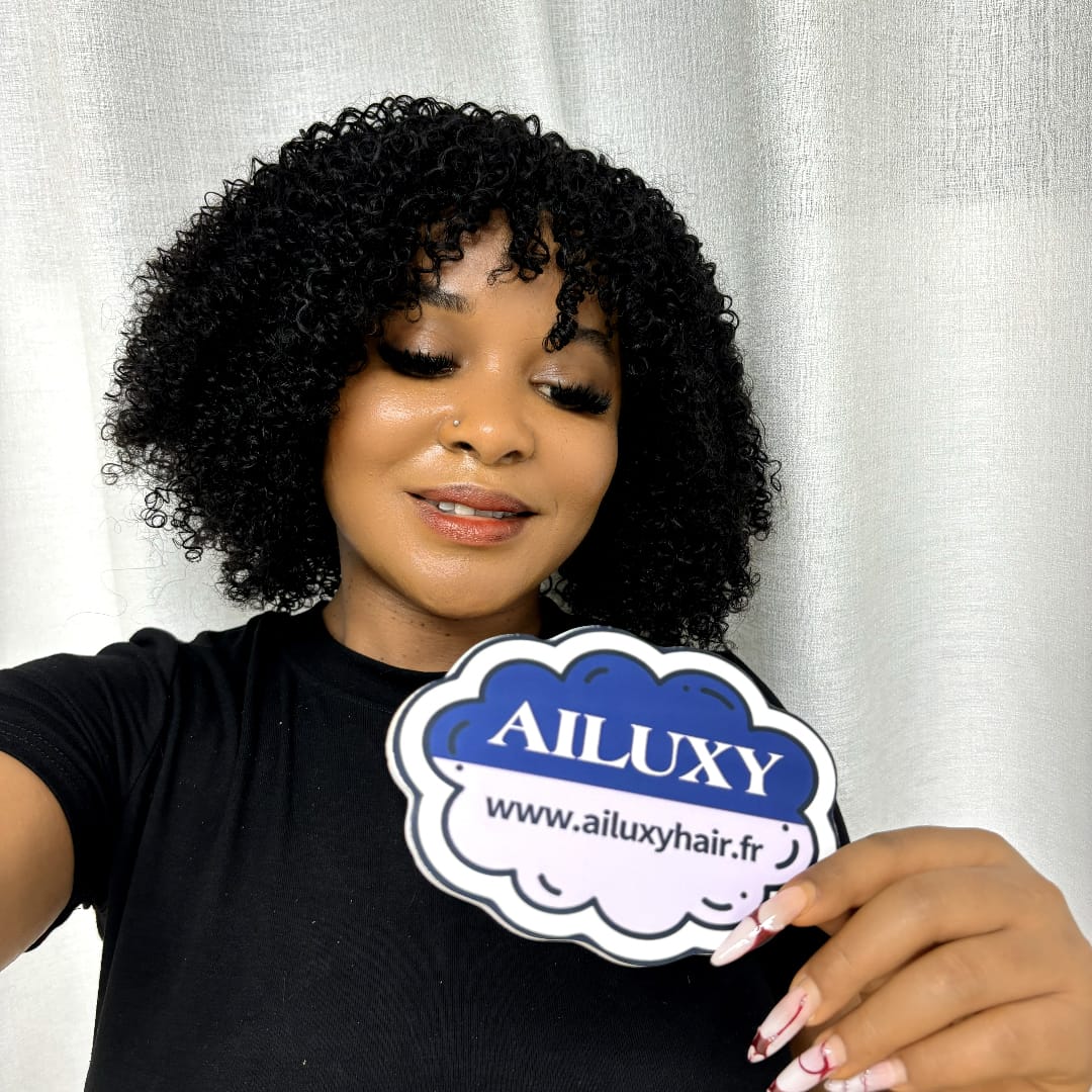 ailuxyhair-fr AILUXY Perruque entièrement fabriquée à la machine BOB bouclée avec frange droite, style polyvalent Curly