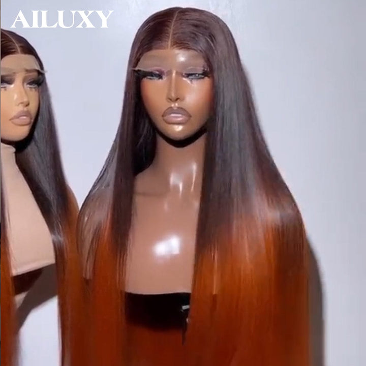 ailuxyhair-fr AILUXY Perruque Humaine 13x4 Lace Front Lisse – 100% Cheveux Humains, Couleur Orange Dégradé Authentique Comme sur la photo
