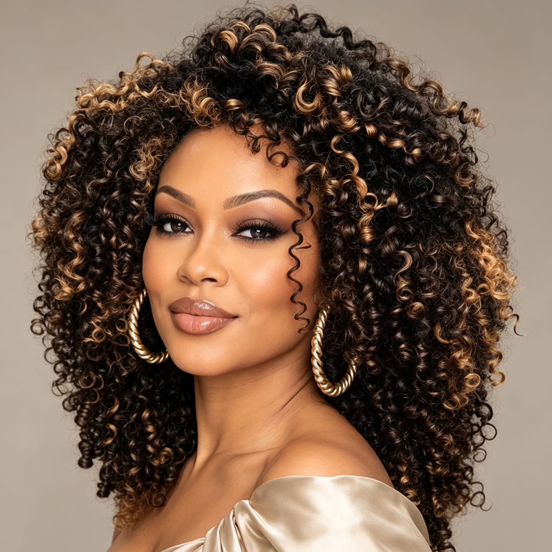 ailuxyhair-fr AILUXY Perruque Lace 13x4 Afro Bouclée Volume Mèches Caramel Balayage, Boucles Serrées Naturelles