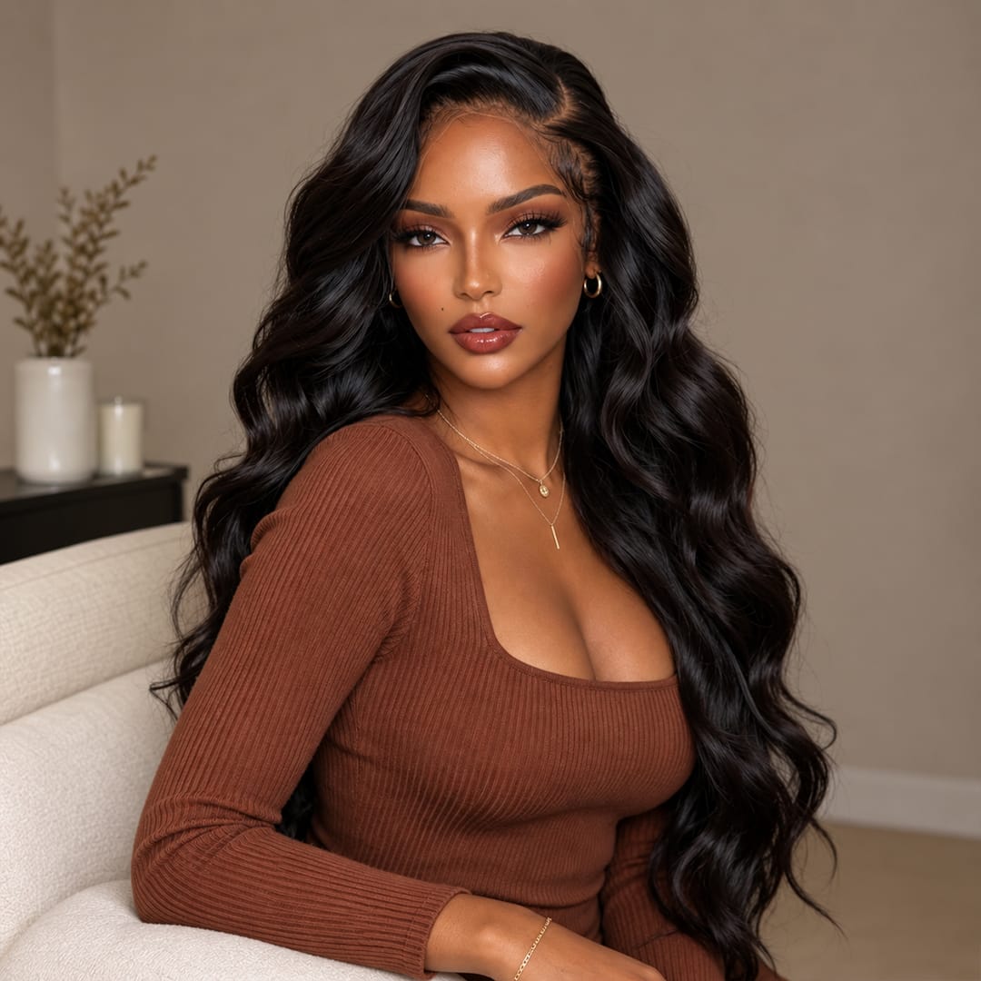 ailuxyhair-fr AILUXY Perruque Longue Ondulée Dentelle Frontale 13x6 Cheveux 100% Humains Noirs