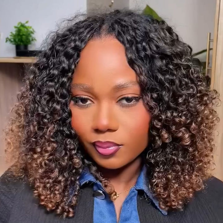 ailuxyhair-fr AILUXY Perruque Mi‑Longue Petites Boucles Ombré Châtain, avec Frange, 100% Cheveux Humains