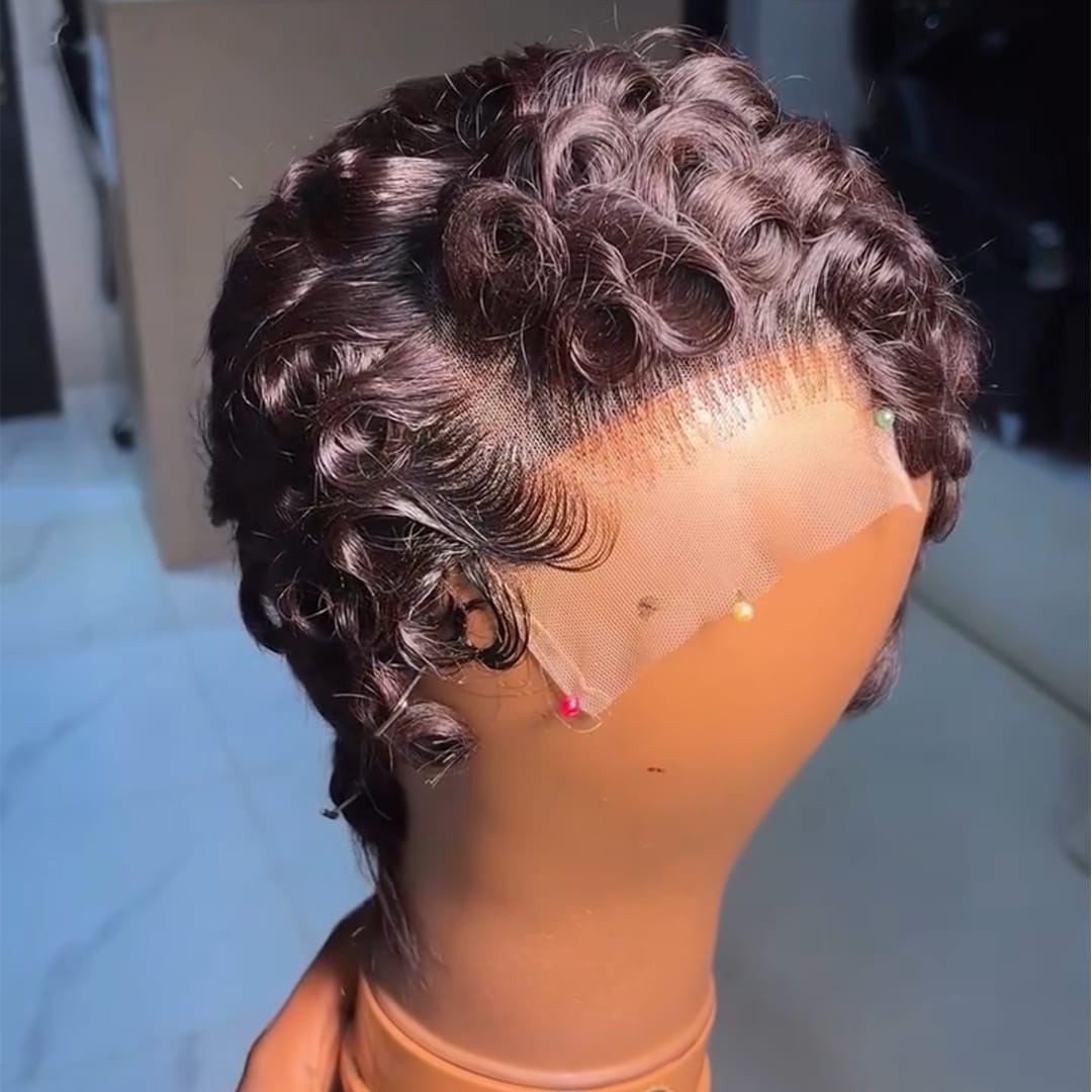 ailuxyhair-fr AILUXY Perruque Pixie Courte Bouclée Lace Front 13x4 Cheveux Humains 100% Density 180% Brun Naturel