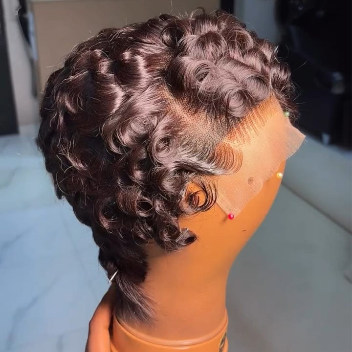 ailuxyhair-fr AILUXY Perruque Pixie Courte Bouclée Lace Front 13x4 Cheveux Humains 100% Density 180% Brun Naturel