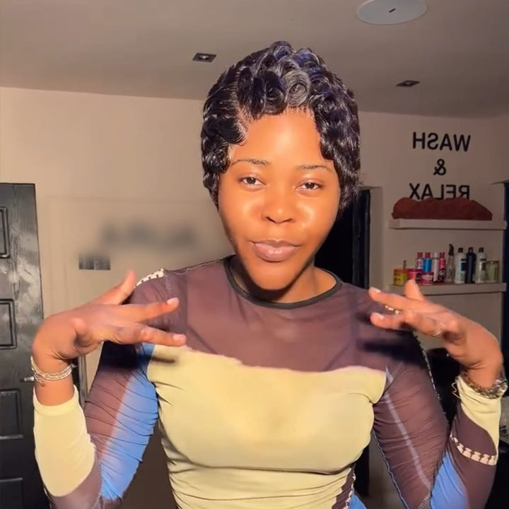 ailuxyhair-fr AILUXY Perruque Pixie Courte Bouclée Lace Front 13x4 Cheveux Humains 100% Density 180% Brun Naturel