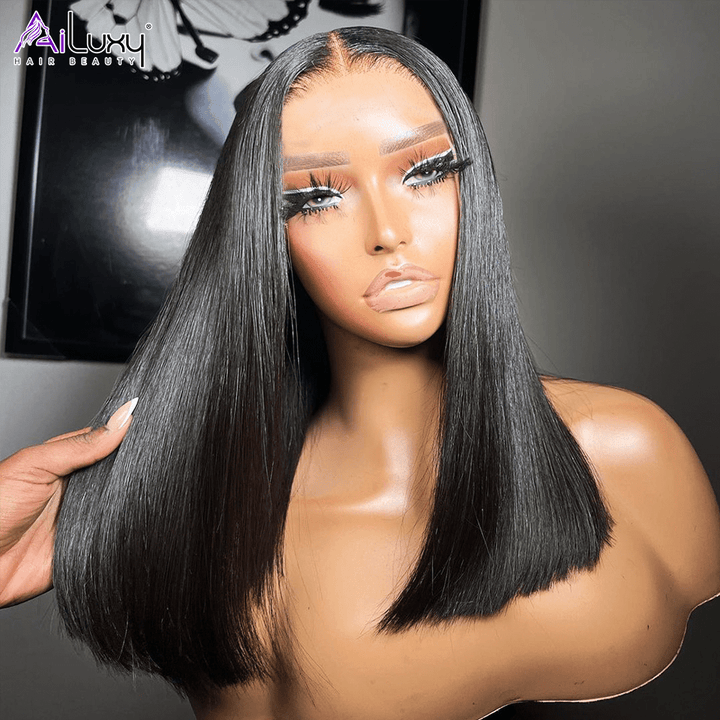 ailuxyhair-fr AILUXY Perruque Sans Colle 13x4 Lace Closure Perruque BOB Perruque Lisse 200% densité 100% Cheveux humains comme sur la vidéo 2 - 3 jours reçus+Un beau cadeau