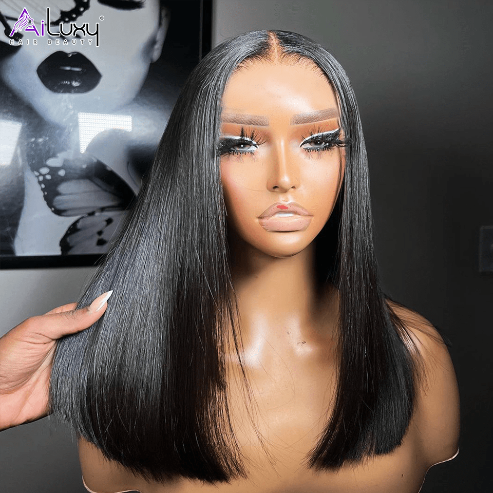 ailuxyhair-fr AILUXY Perruque Sans Colle 13x4 Lace Closure Perruque BOB Perruque Lisse 200% densité 100% Cheveux humains comme sur la vidéo 2 - 3 jours reçus+Un beau cadeau