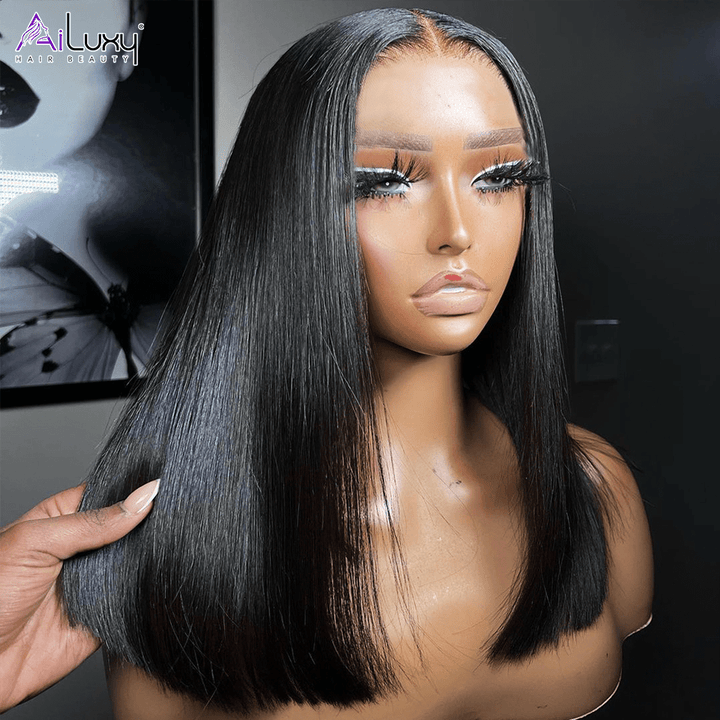 ailuxyhair-fr AILUXY Perruque Sans Colle 13x4 Lace Closure Perruque BOB Perruque Lisse 200% densité 100% Cheveux humains comme sur la vidéo 2 - 3 jours reçus+Un beau cadeau